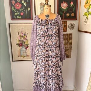 Vintage 1970s cotton Gauzy Floral Purple Midi Dress